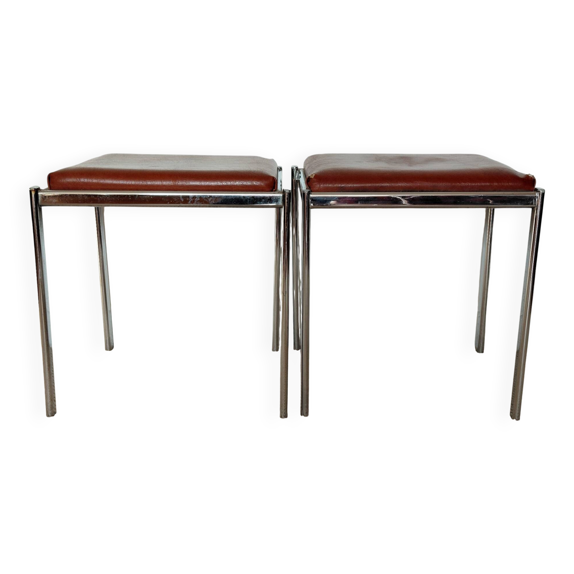 Pair of vintage stackable stools in faux leather and chrome - 70s