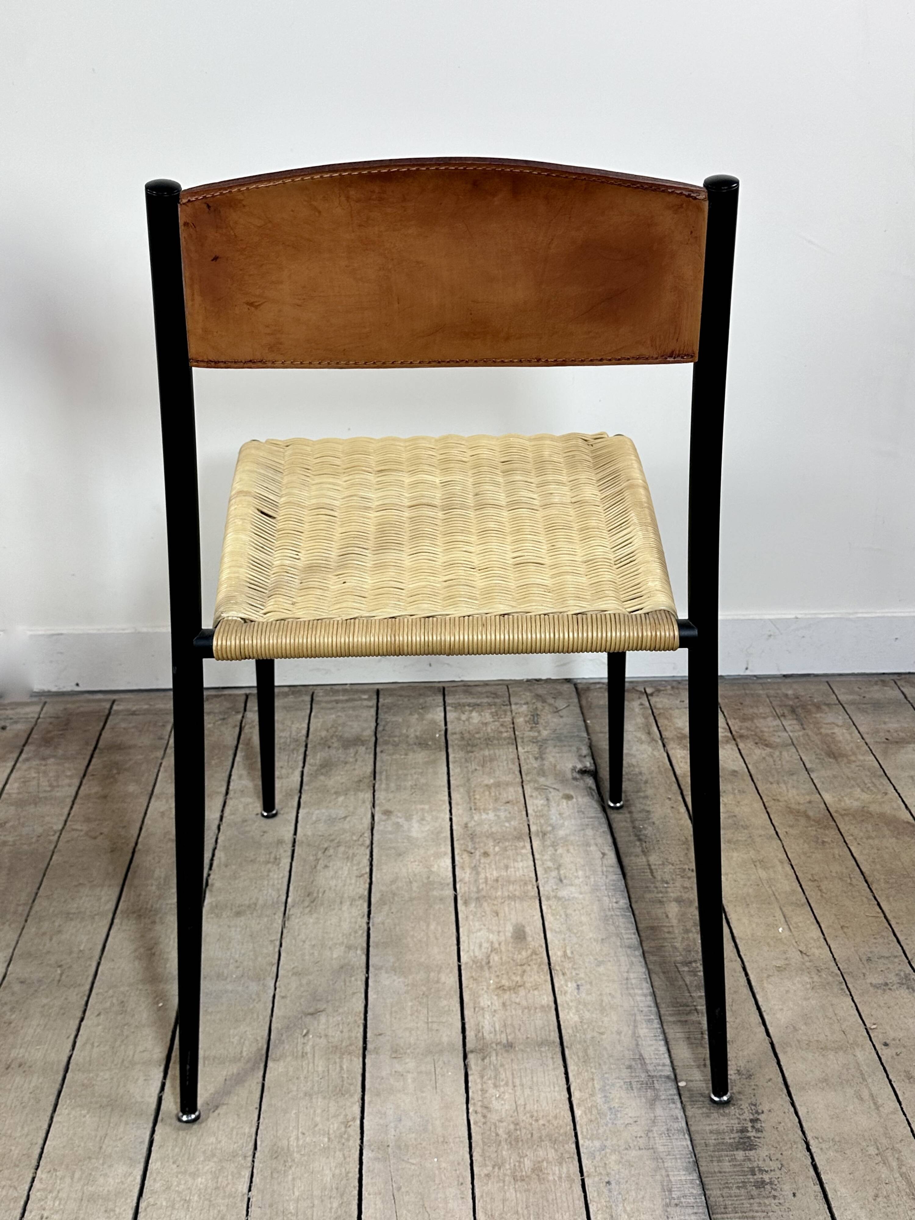 Chairs (set of 2) in metal, leather and straw 1960's