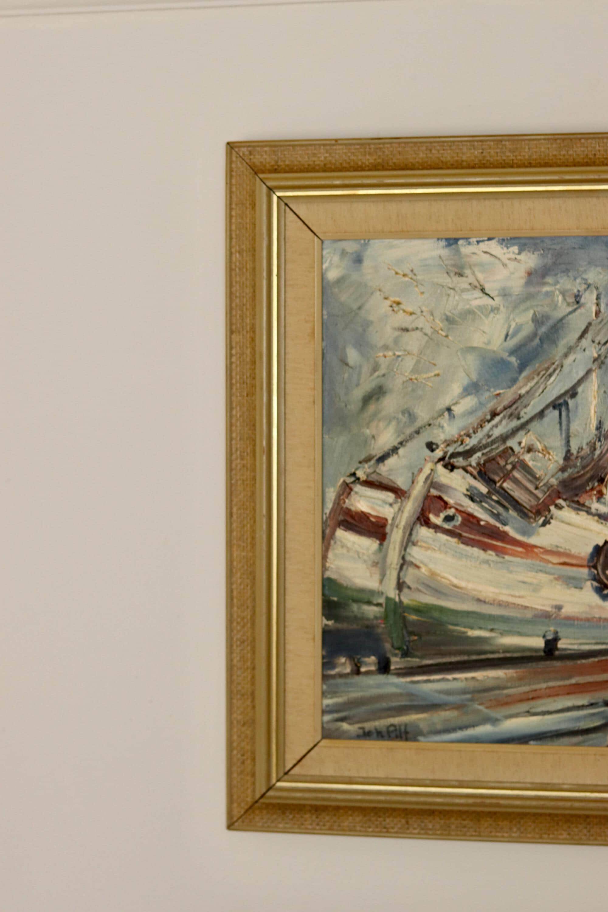 Peinture à l'huile sur toile suédoise du milieu du siècle « Harbour » par Alf Johanson (1905–1991) - Vintage et encadrée