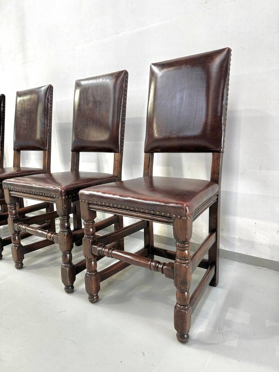 Vintage Handmade French Chairs in Leather & Oak, 1970s.