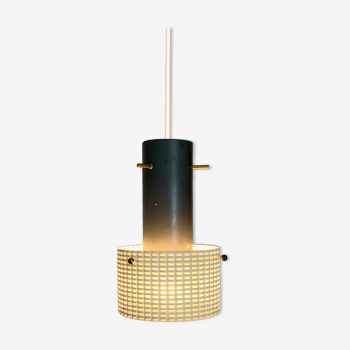Modernist pendant lamp perforated grey-white and brass, Denmark 1950s