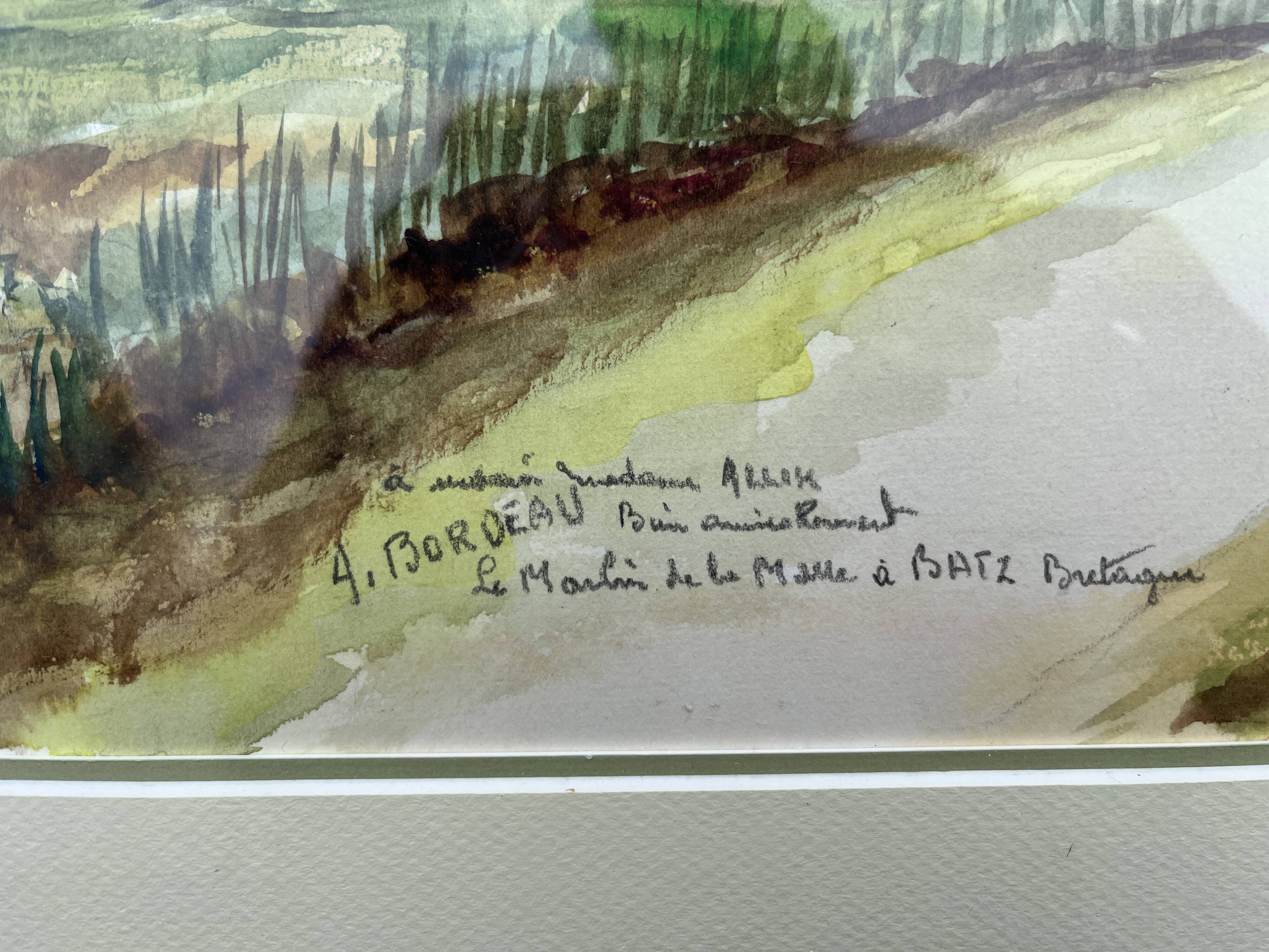 The Mill in Batz, Brittany – Watercolor signed "Bordeau"
