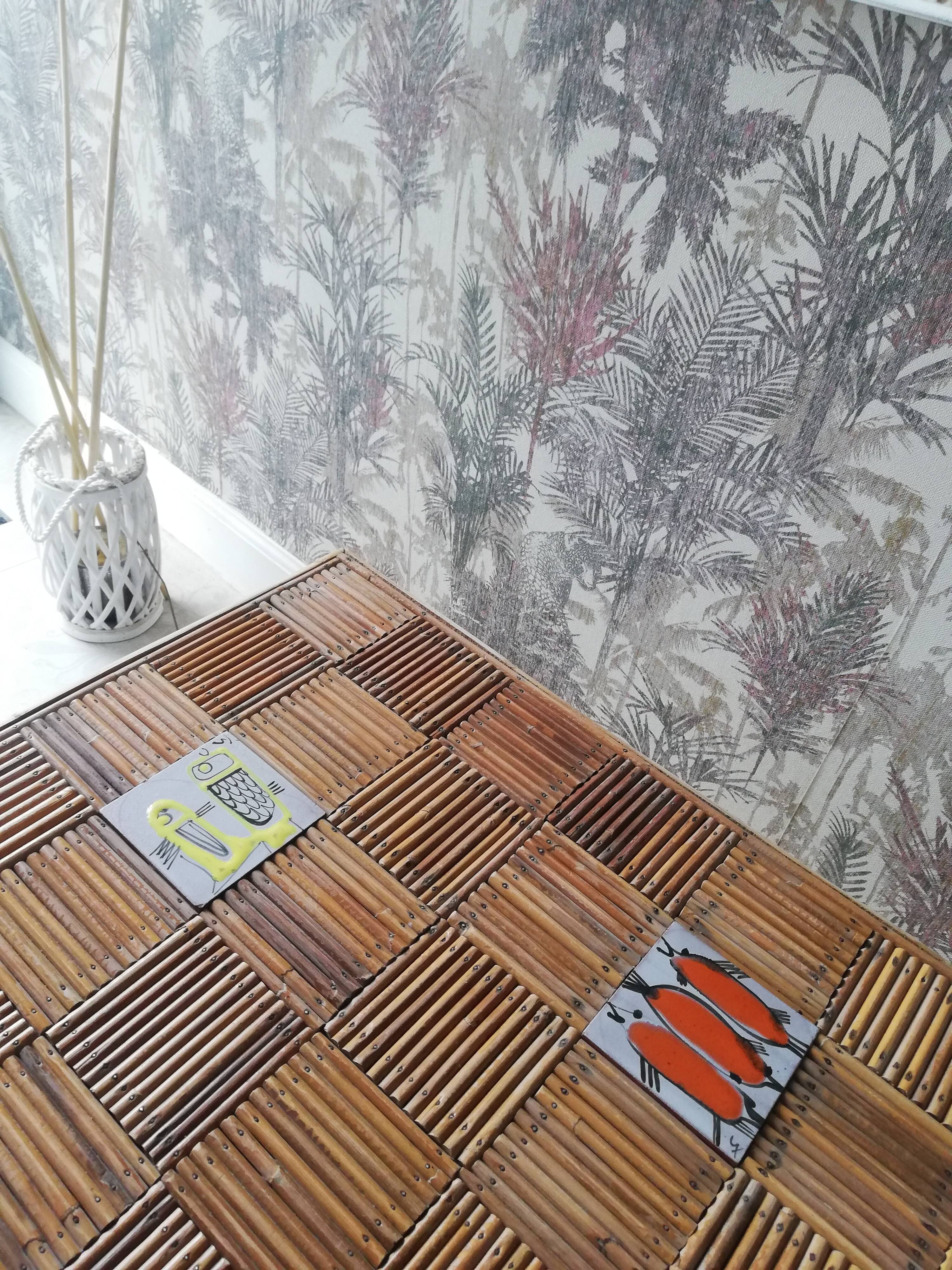 Table basse rotin et céramique années 50