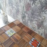 Rattan coffee table and 1950s ceramics