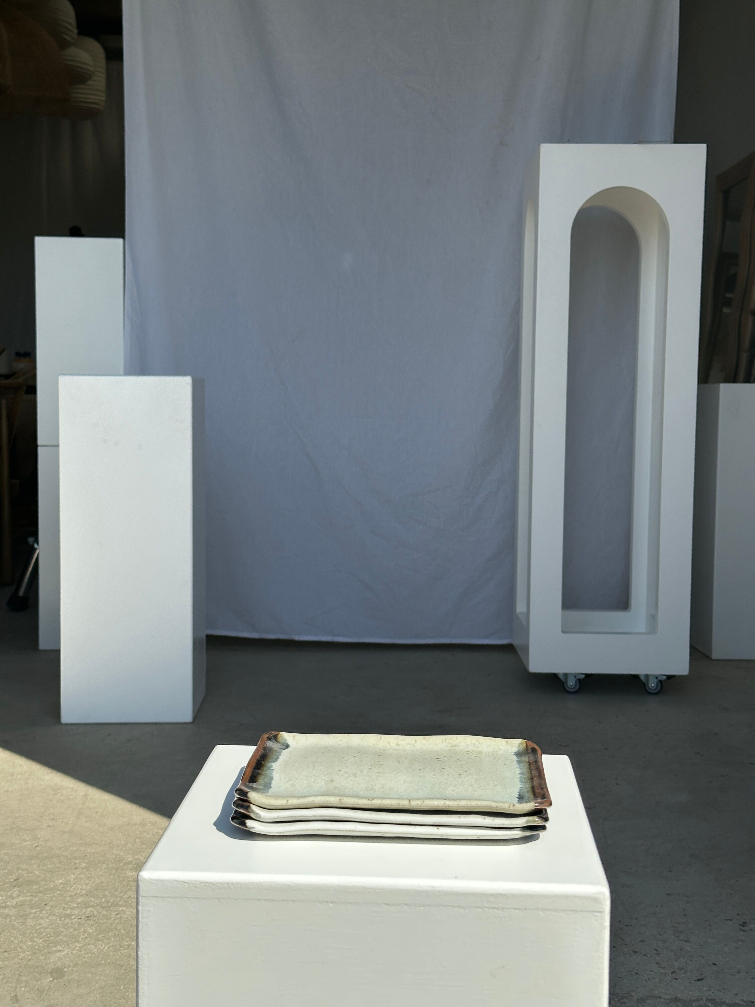 Trio of small rectangular serving dishes white and black Indonesian ceramic 21x16