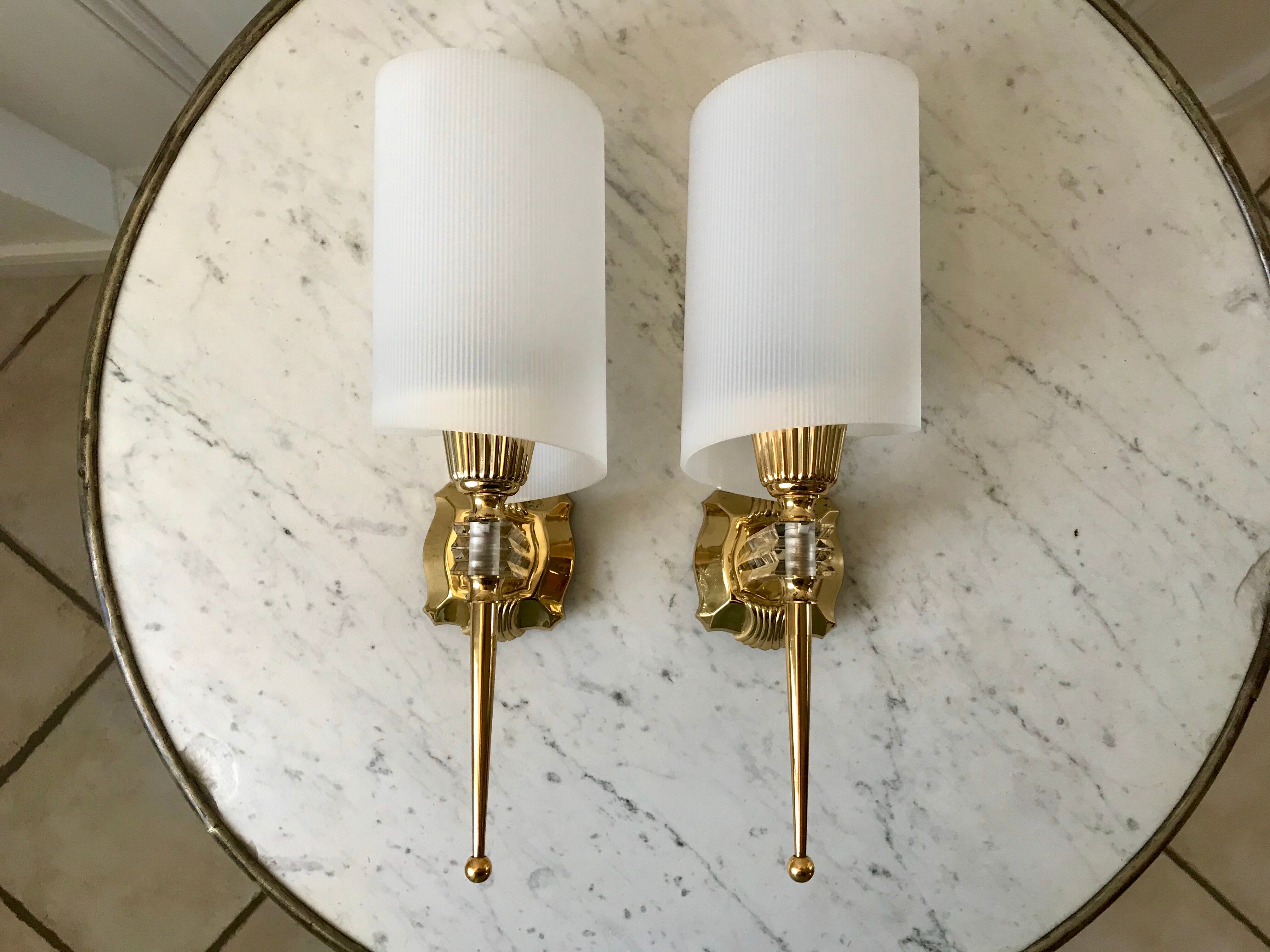 Pair of gold steel wall lamps, plexi and pleated plastic shades 60s-70s
