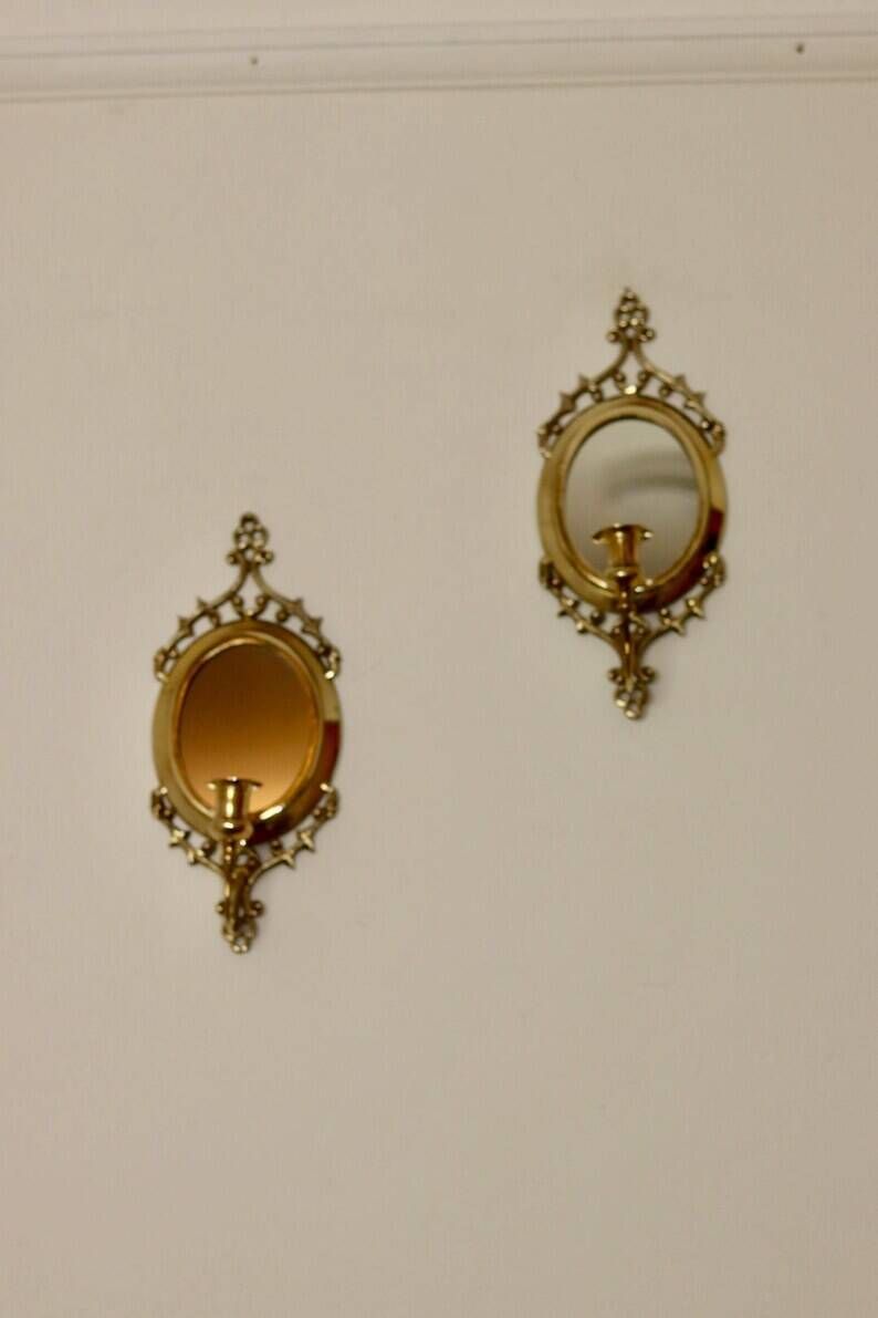 Pair of Mid Century Swedish Brass Sconces with Mirror