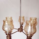 Chandelier in gilded brass and brown smoked glass with 5 branches