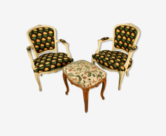 Pair of Louis XV style cabriolet chairs and pouf | Selency