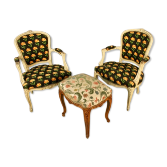 Pair of Louis XV style cabriolet chairs and pouf