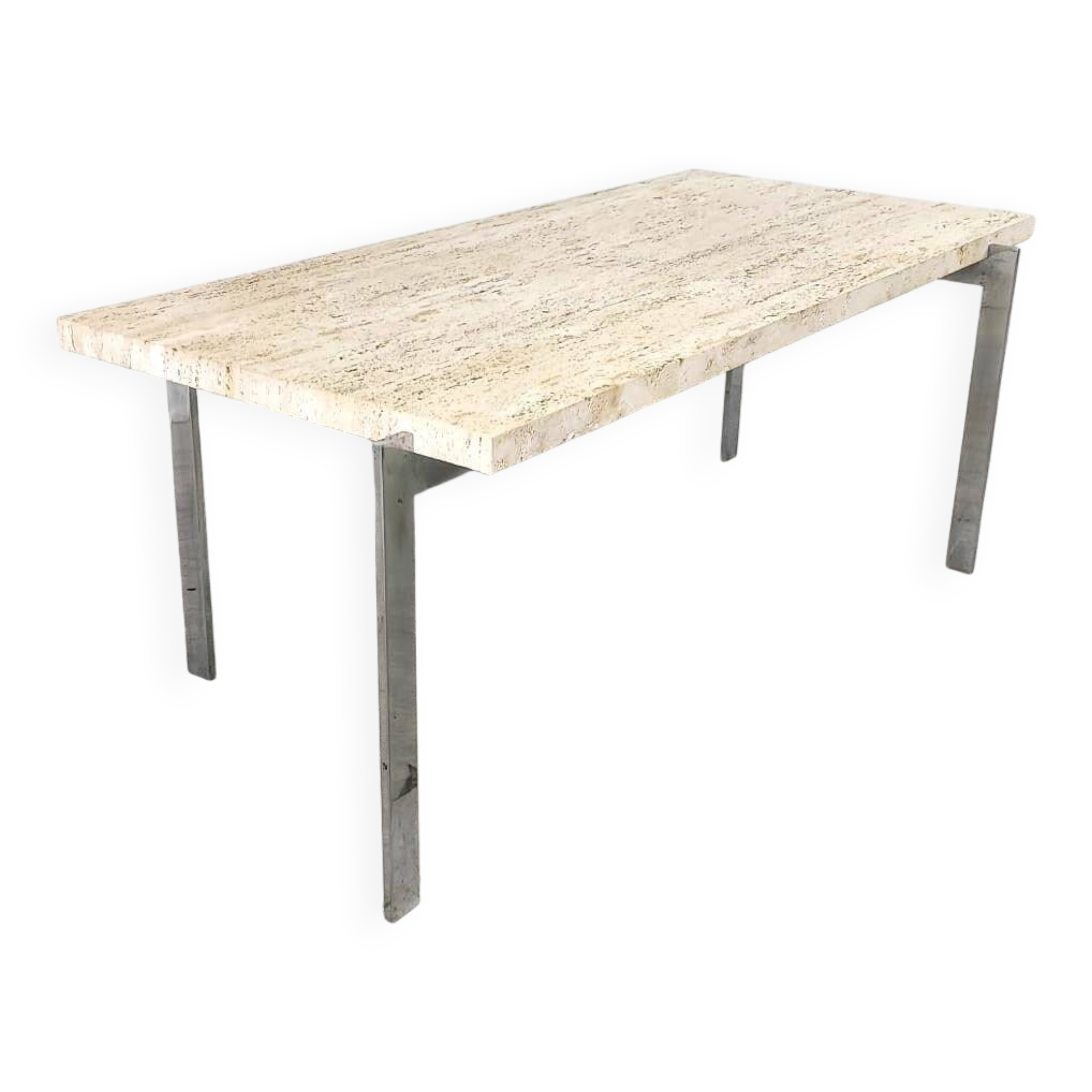 Table basse vintage en travertin et chrome, années 1970