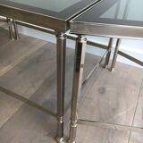 Rare three-part nickel coffee table with lacquered glass tops around the perimeter