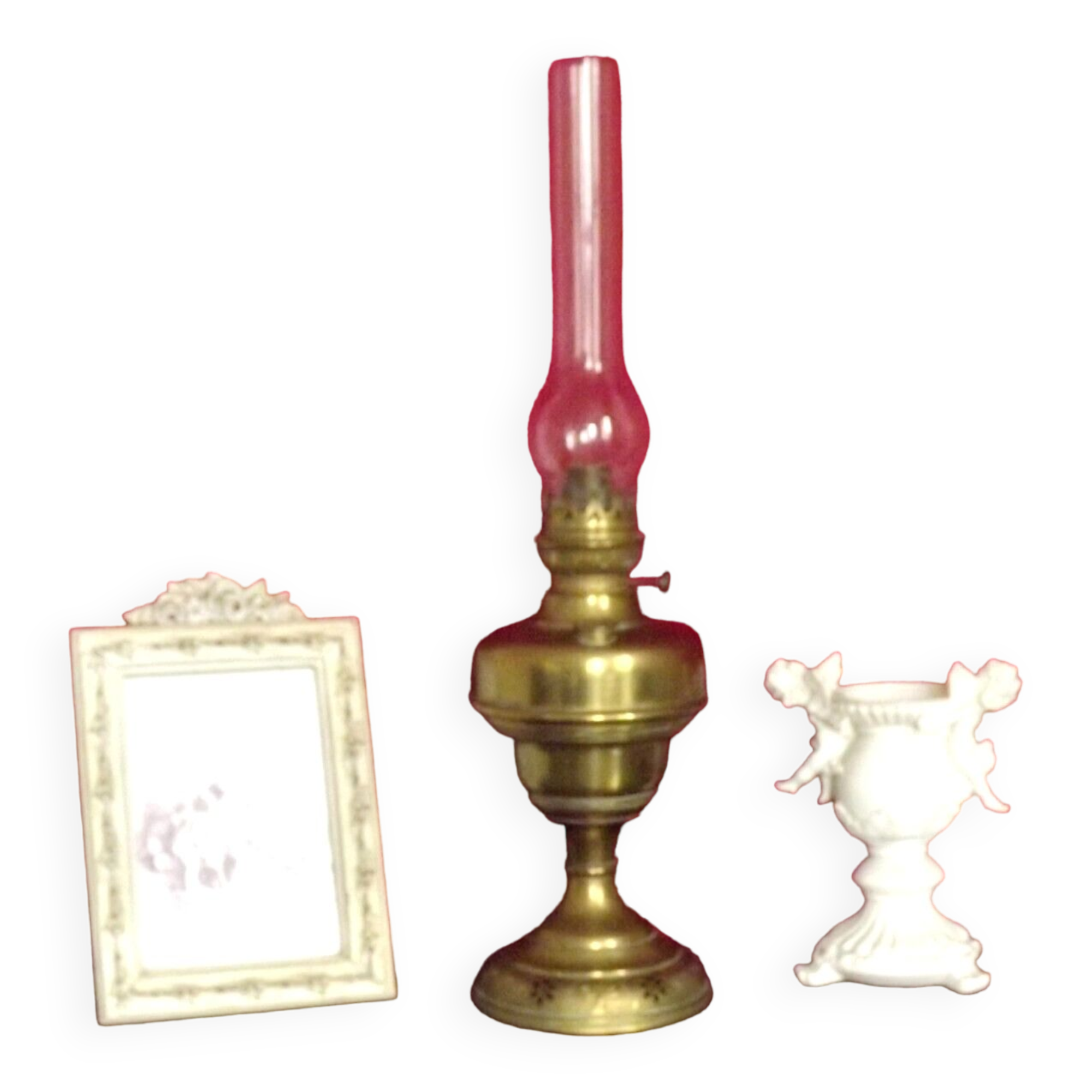 Vintage brass oil lantern with decorative base and transparent glass funnel stamped L B Brand Delay 4399.