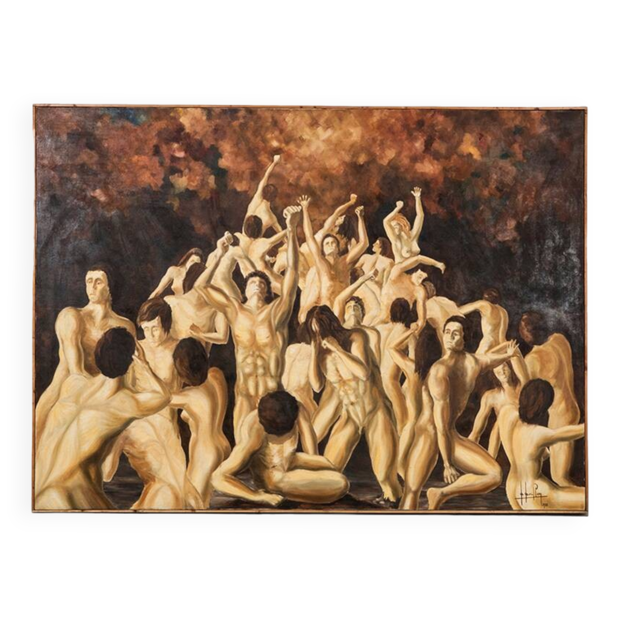Grande peinture à l'huile "Purgatoire" des années 70