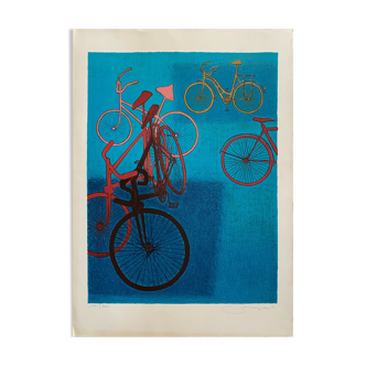 Lithographie par Daniel Riberzani "Bicyclettes"