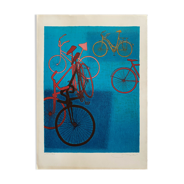 Lithographie par Daniel Riberzani "Bicyclettes"