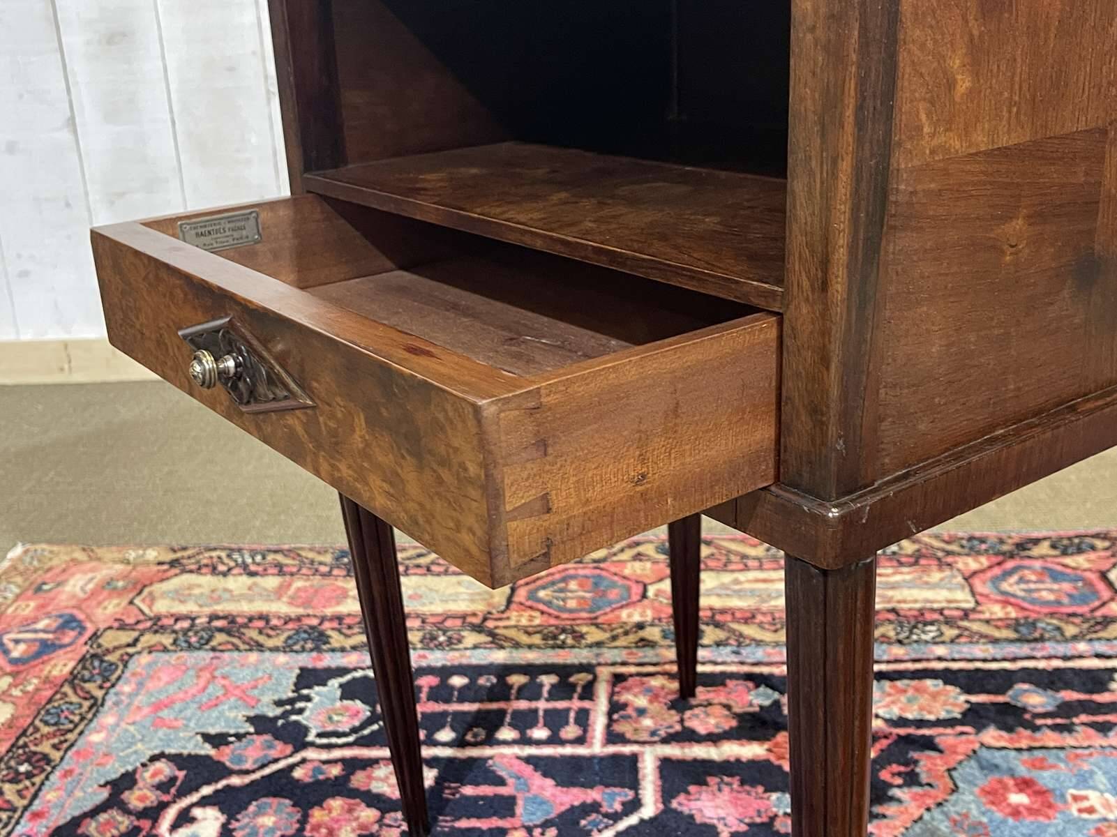 Art Deco bedside table in rosewood, walnut burl, and marble top.