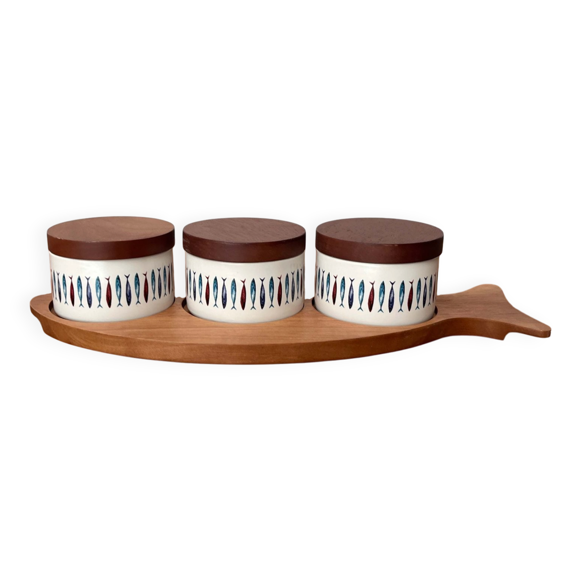 Sets of Swedish herring pots in ceramic and teak by Asa Lindberg for Sagaform, 2000s, set of 4.