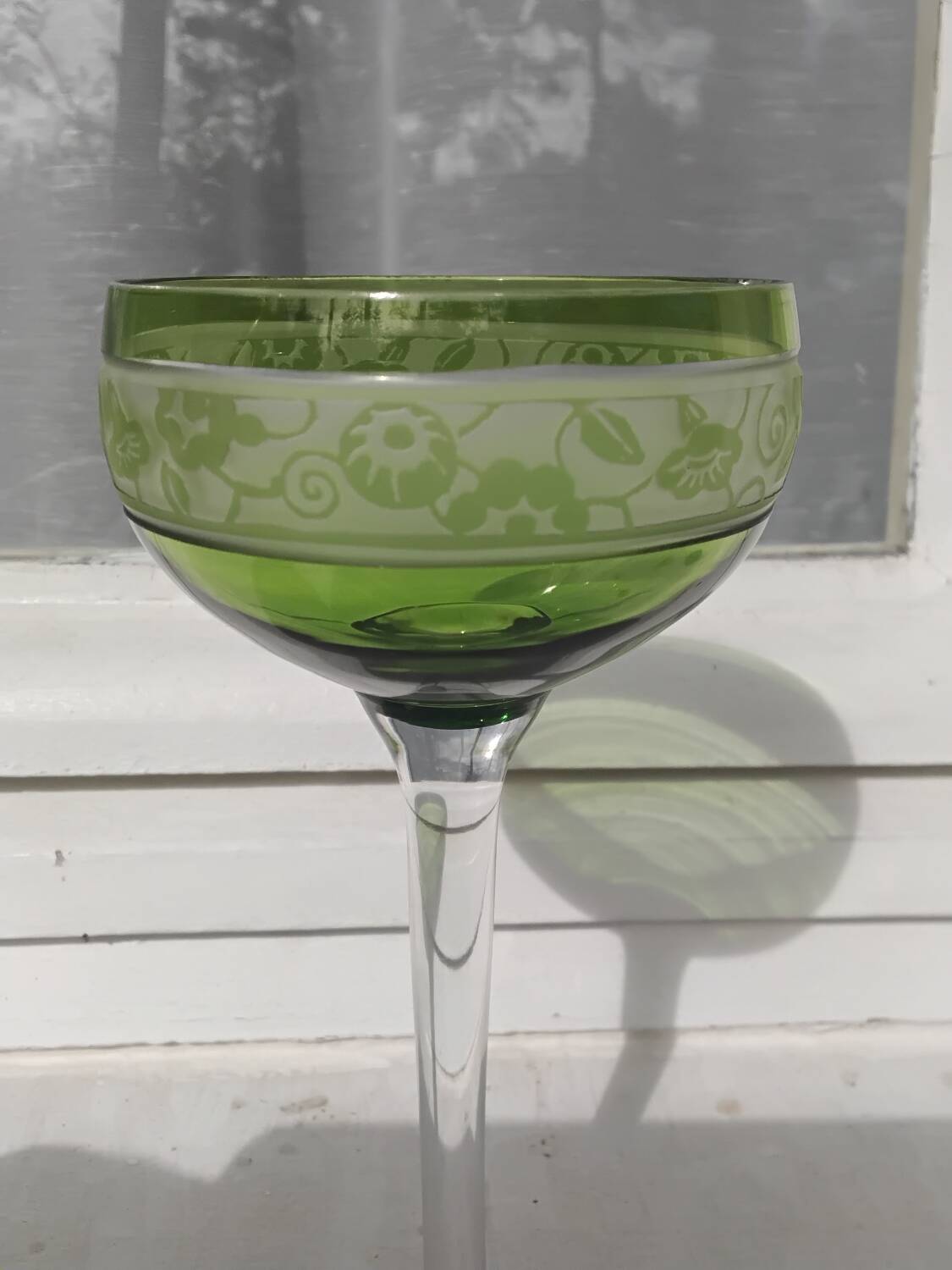 14cl Nancy Houillon crystal wine glass with green floral border