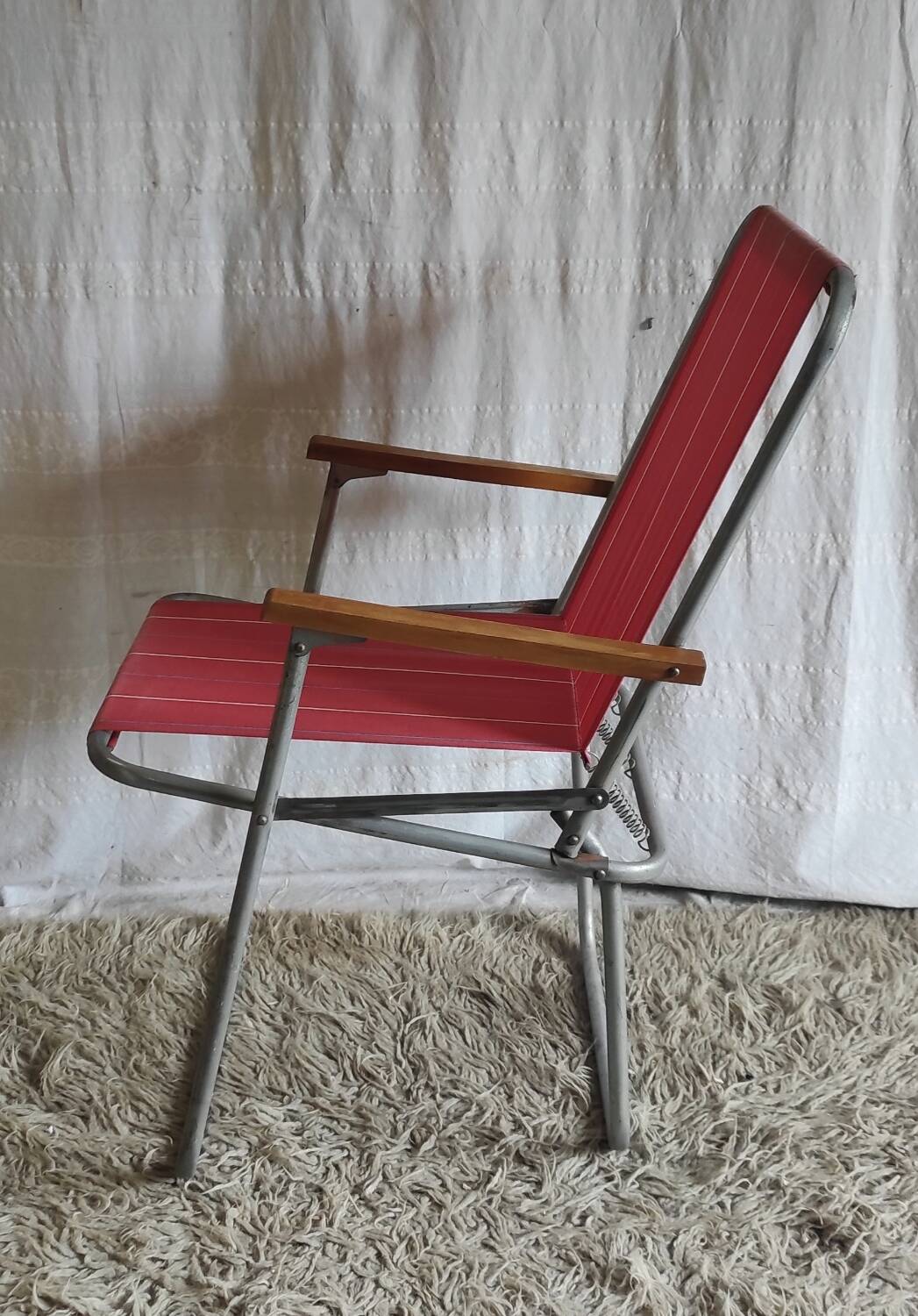 Vintage folding chair in metal and bayadère canvas - 1960s