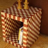 Side table - open cube bedside table with checkerboard in bone and terracotta resin