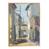 Tableau vintage « Ruelle de village » Huile signée, encadrement chêne