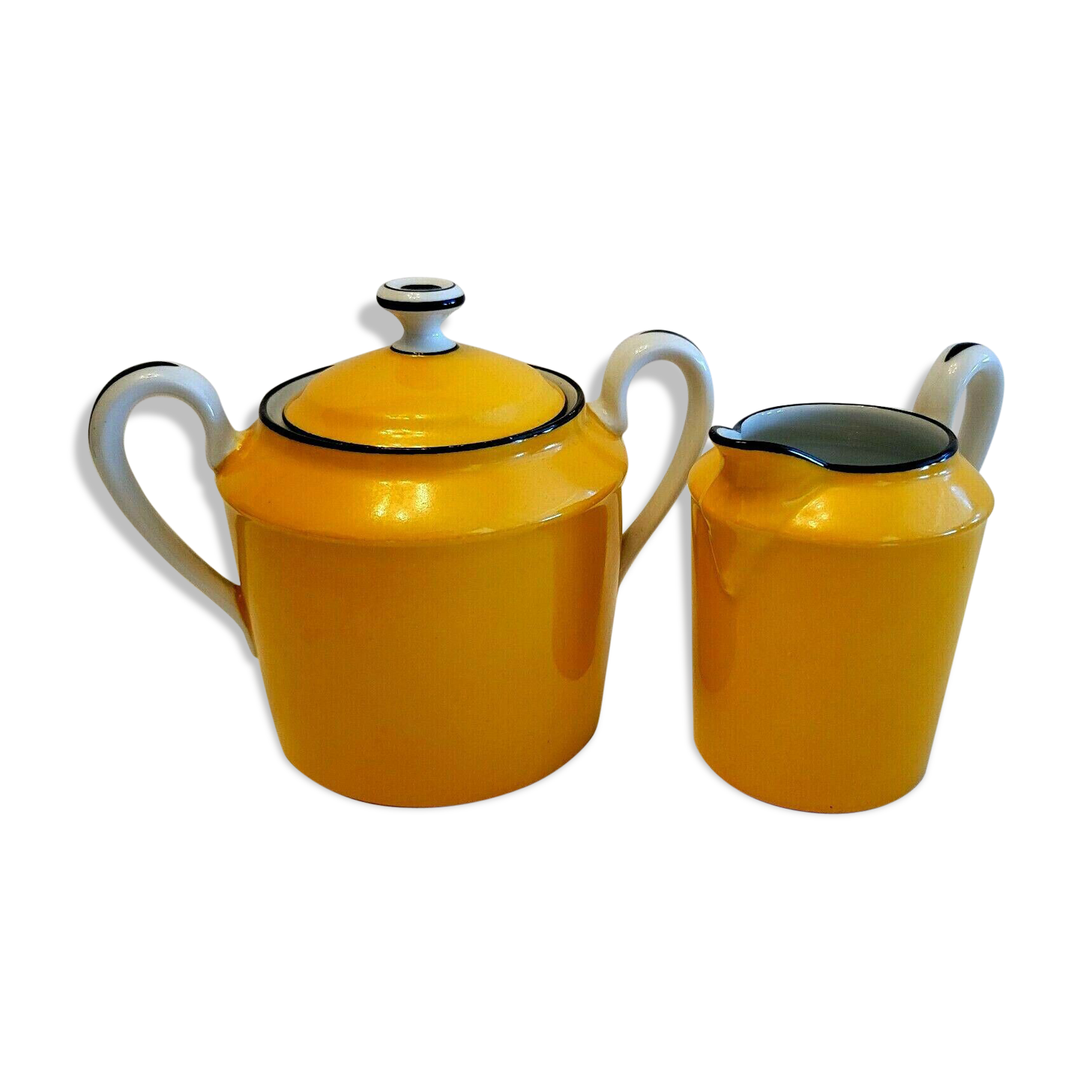 Sugar bowl and porcelain milk jar Limoges mustard yellow color