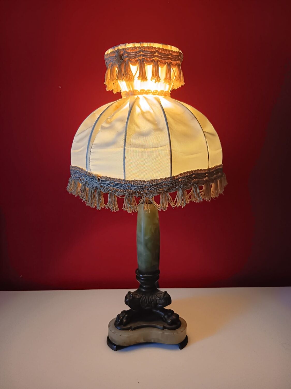 Antique lamp with green marble and bronze – fringed lampshade