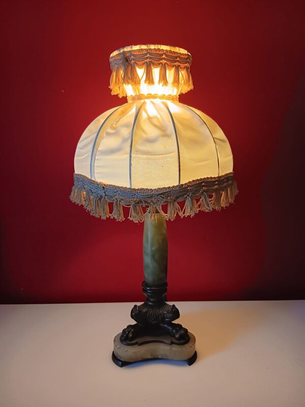 Lampe ancienne marbre vert et bronze – abat-jour à franges