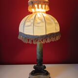 Antique lamp with green marble and bronze – fringed lampshade