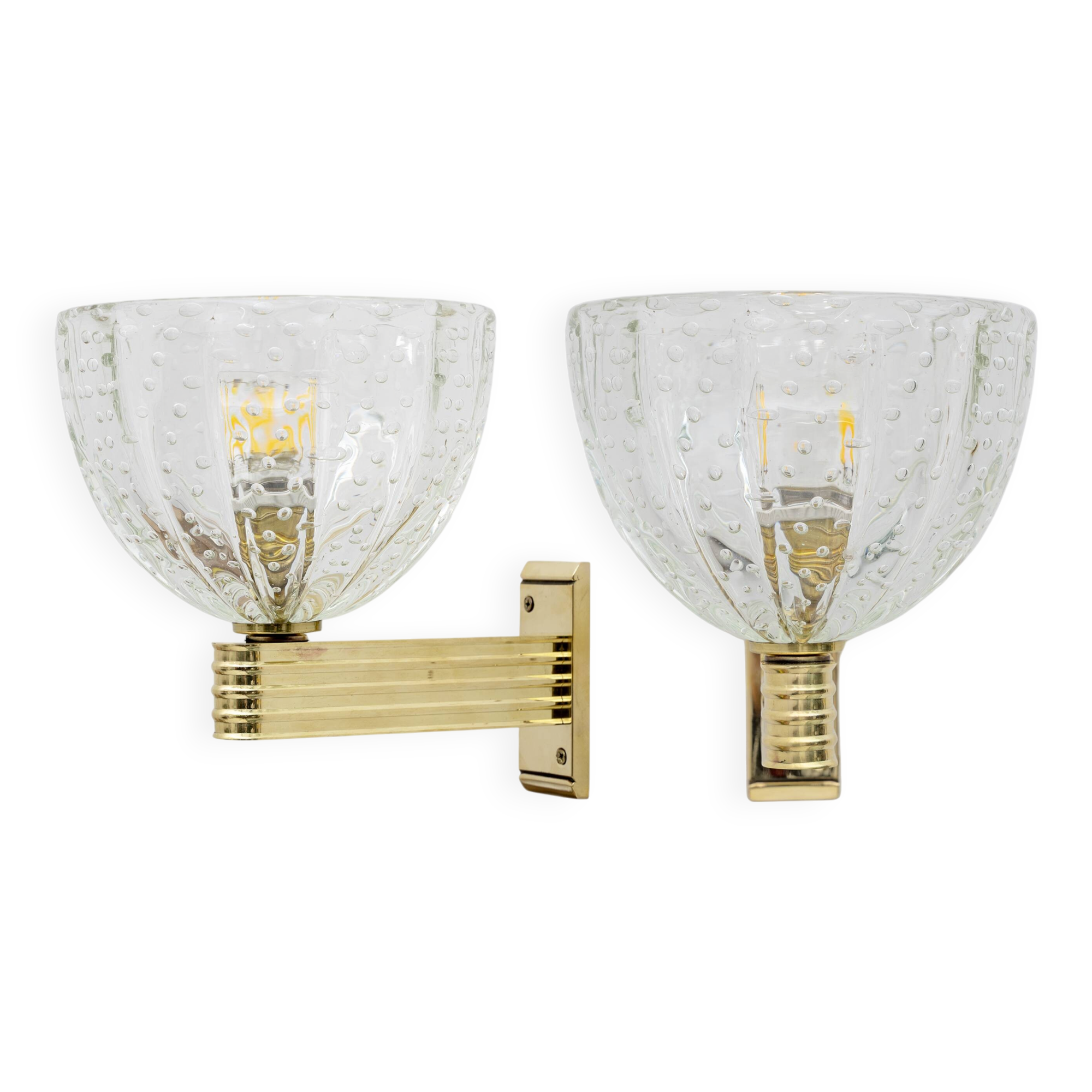 Attributed to Seguso Art Dèco Brass and "Pelugoso" Murano Glass Sconces, Pa