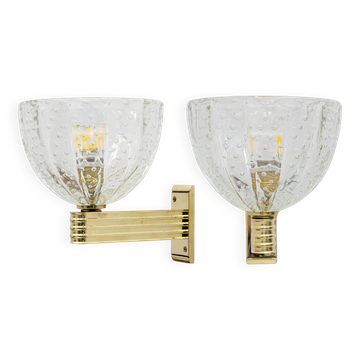 Attributed to Seguso Art Dèco Brass and "Pelugoso" Murano Glass Sconces, Pa