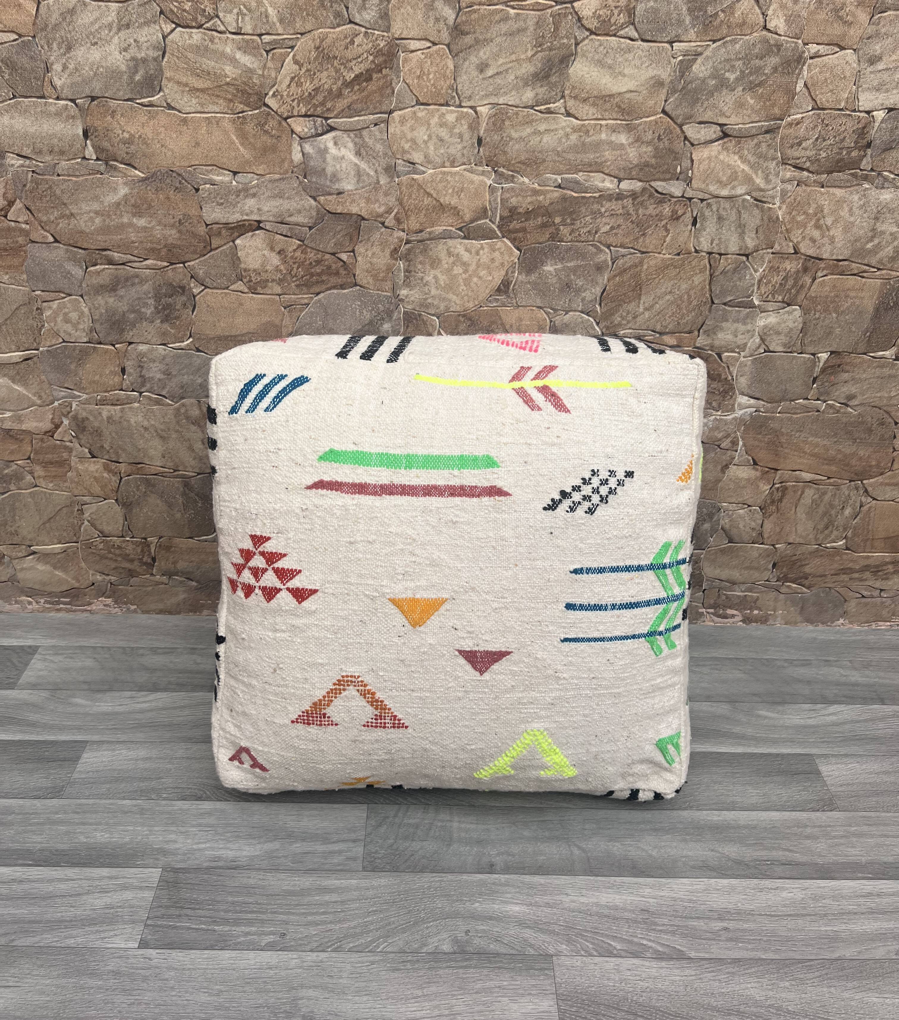 Moroccan Berber Kilim Pouf - 100% Wool and Cotton - Handwoven Floor Cushion