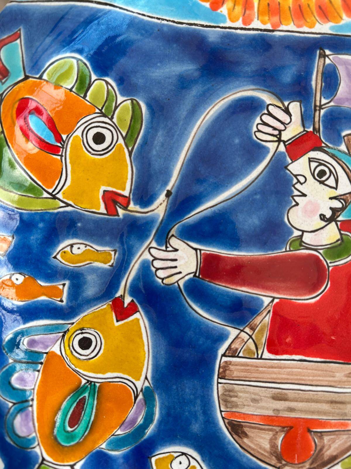 Simone's Plate, fishermen in a boat, hand-painted ceramic 26 cm, Sicily