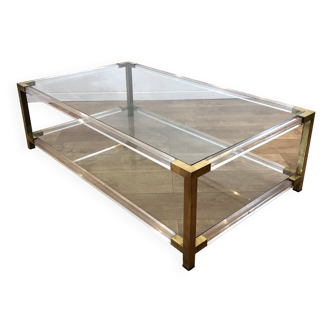 Table basse vintage en plexiglas et métal doré, 1970