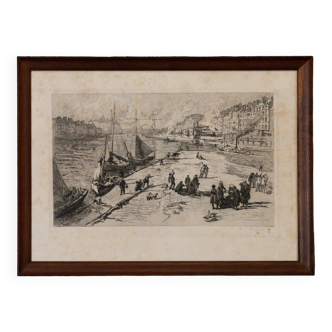 Gravure par René Pinard Port de Nantes scène animée 1929 numérotée 2/180