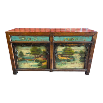 Antique elm wood sideboard with painted lake landscape decoration