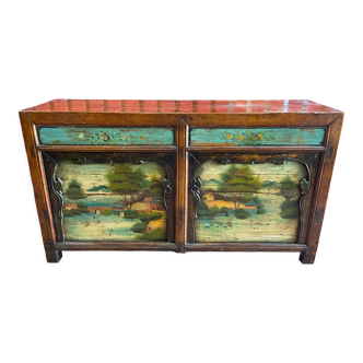 Buffet ancien en bois d'orme avec un décor peint de Paysages Lacustres