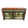 Buffet ancien en bois d'orme avec un décor peint de Paysages Lacustres