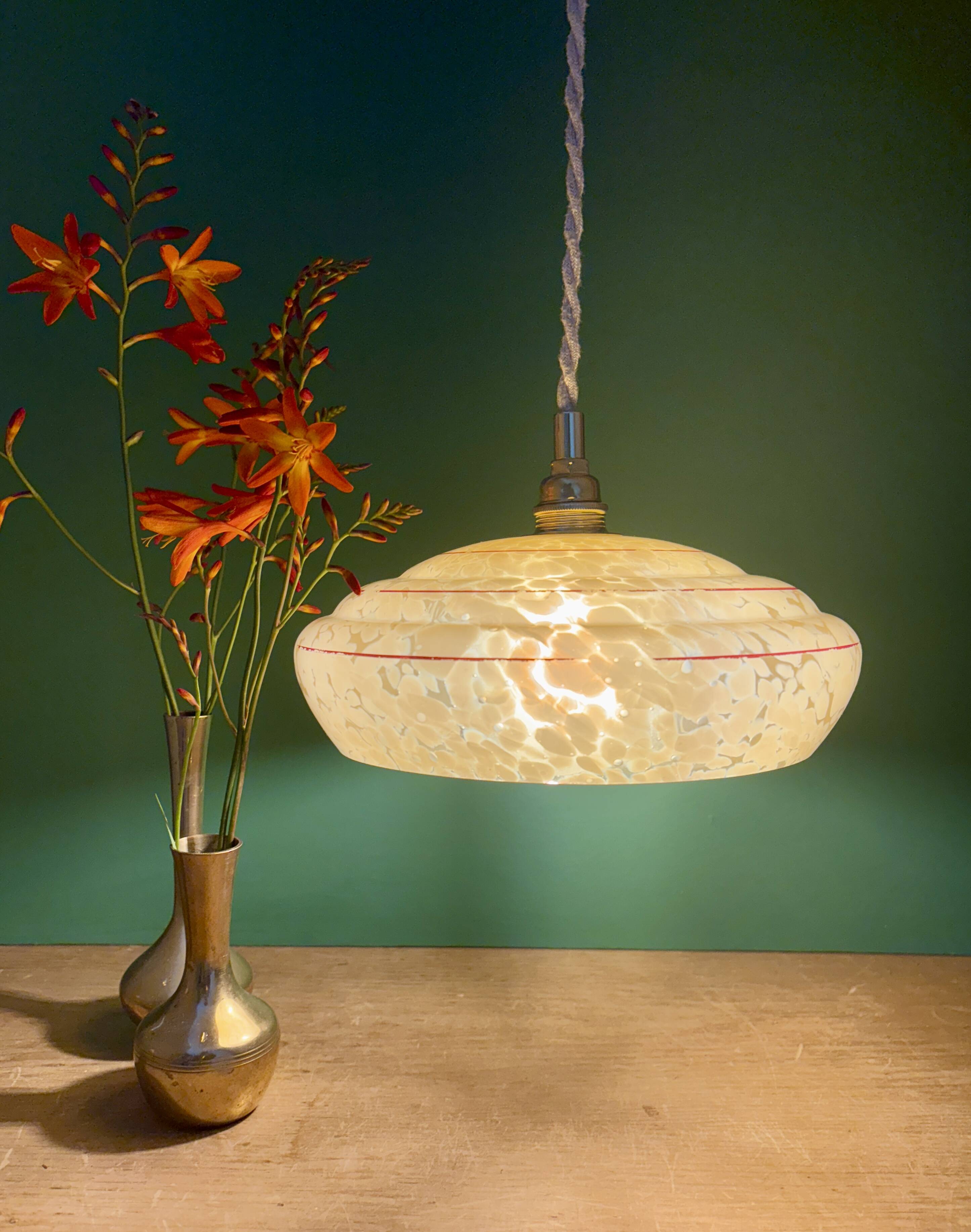Vintage pendant lamp shade in yellow Clichy glass with red trim