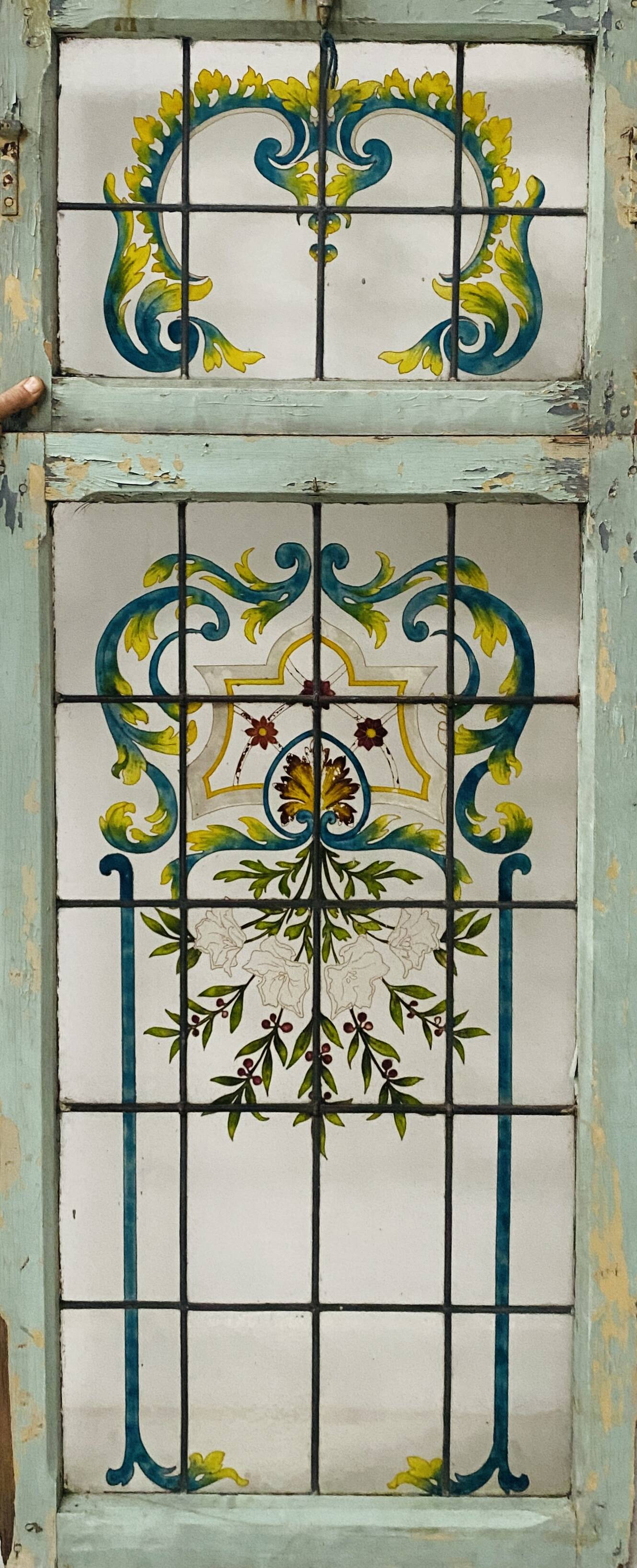 Art Deco window and transom in fir and painted glass, 20th century