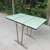 Folding and extending kitchen table in steel and aqua green wood
