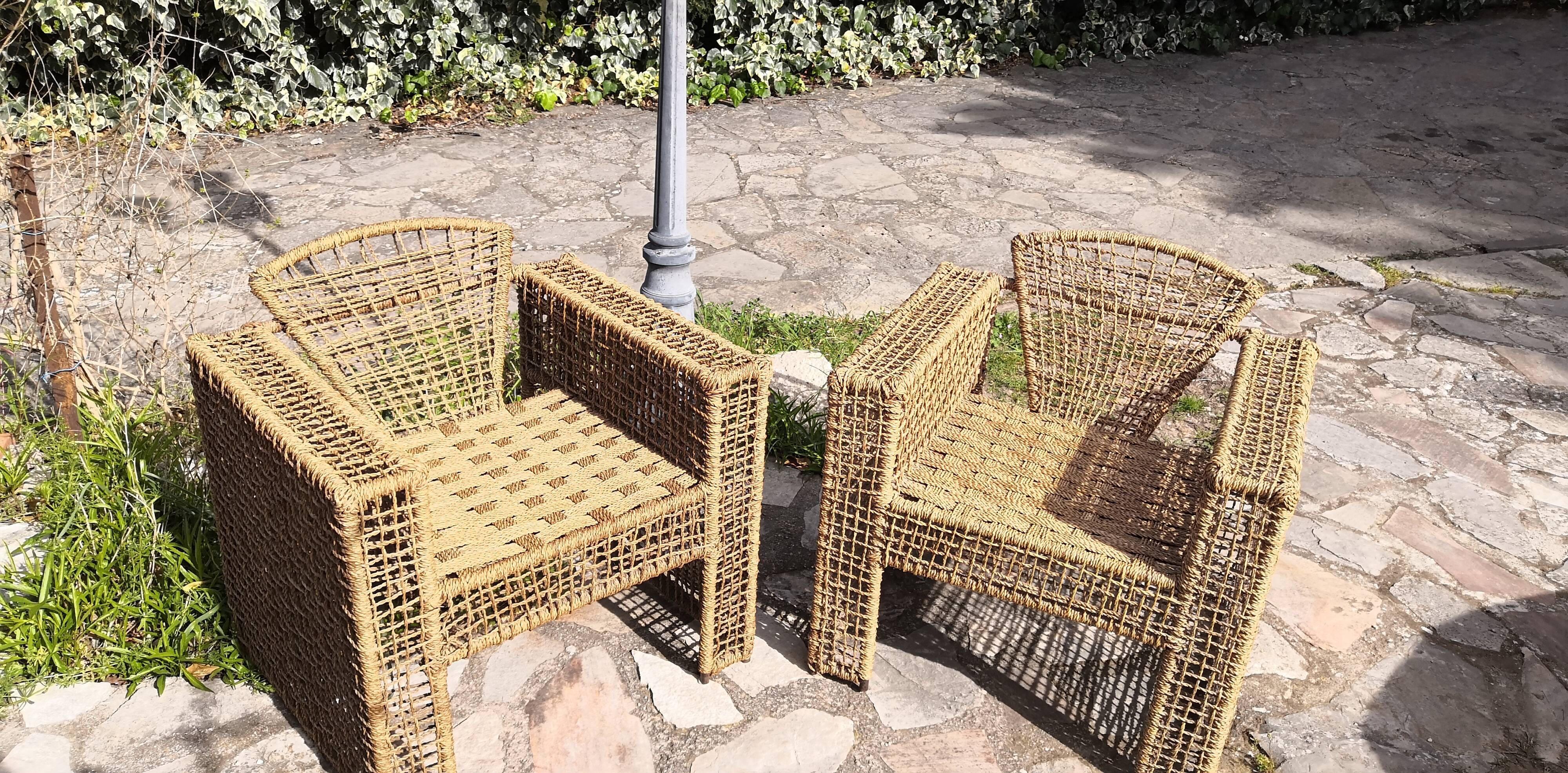 Armchair in metal and braided rope, 1980