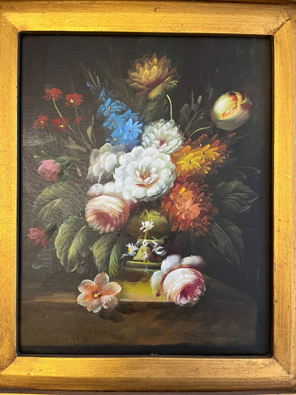 Huile sur panneau : nature morte aux fleurs