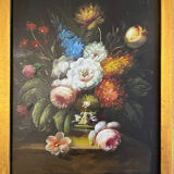 Oil on panel: still life with flowers