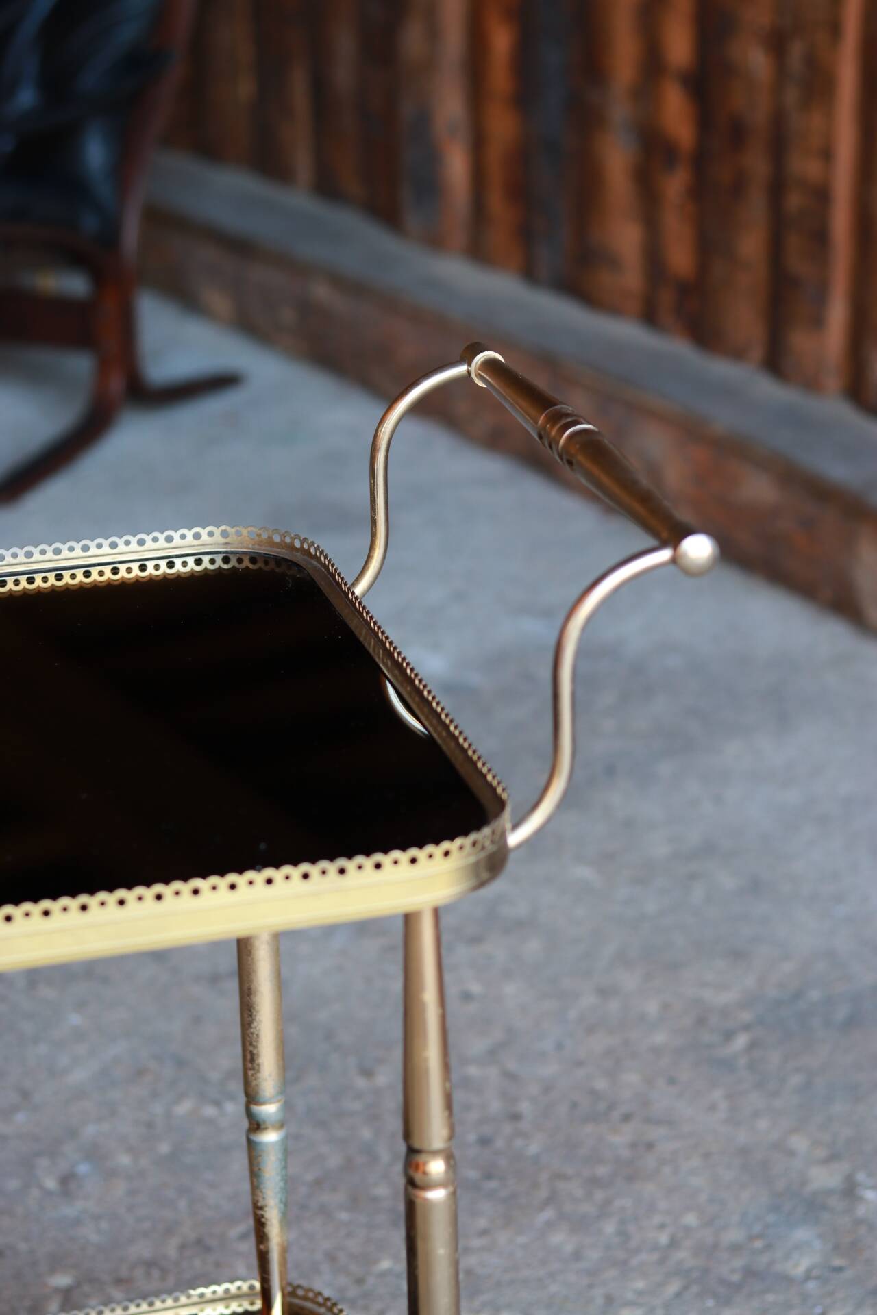 Serving trolley, vintage mini-bar in metal and smoked glass