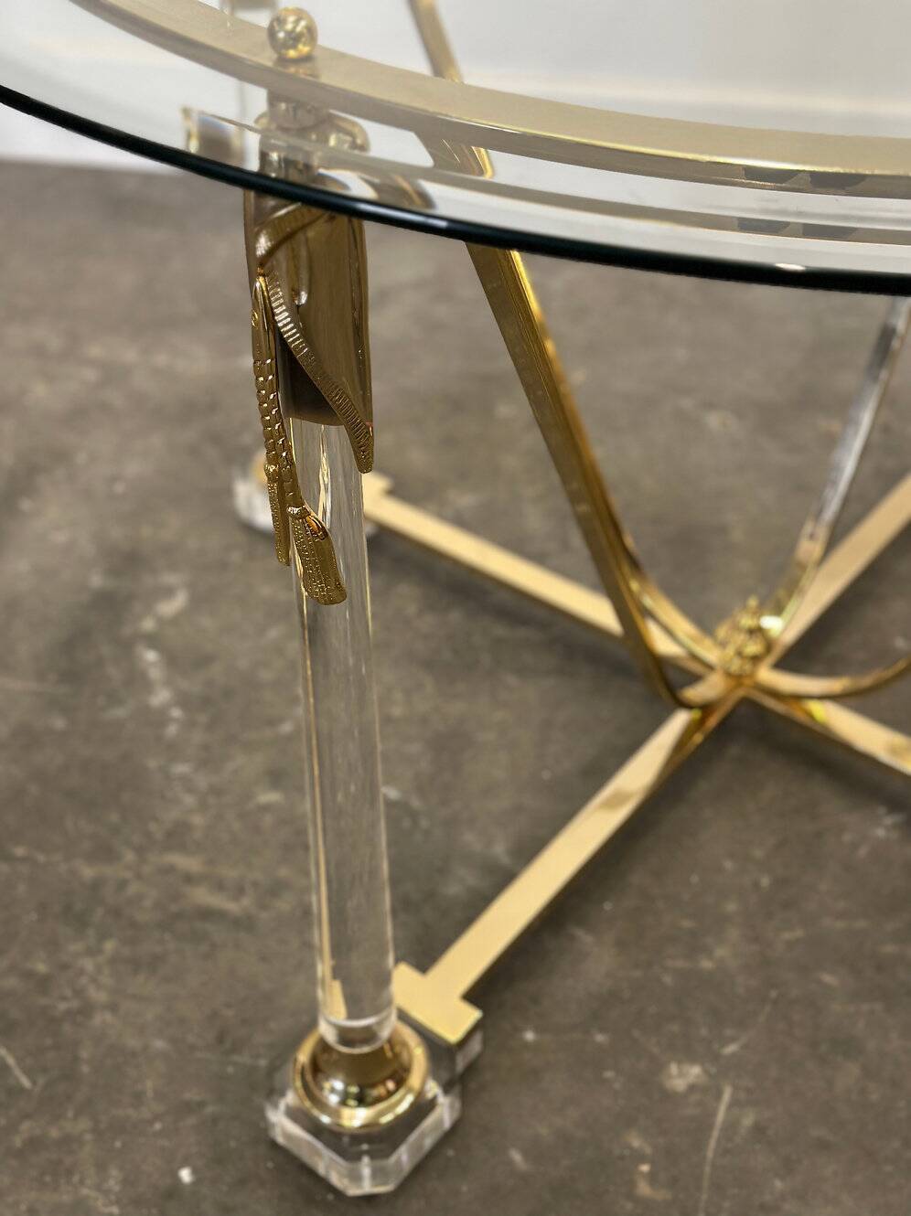 Brass and lucite dining table with beveled glass top, Italy 1980s.