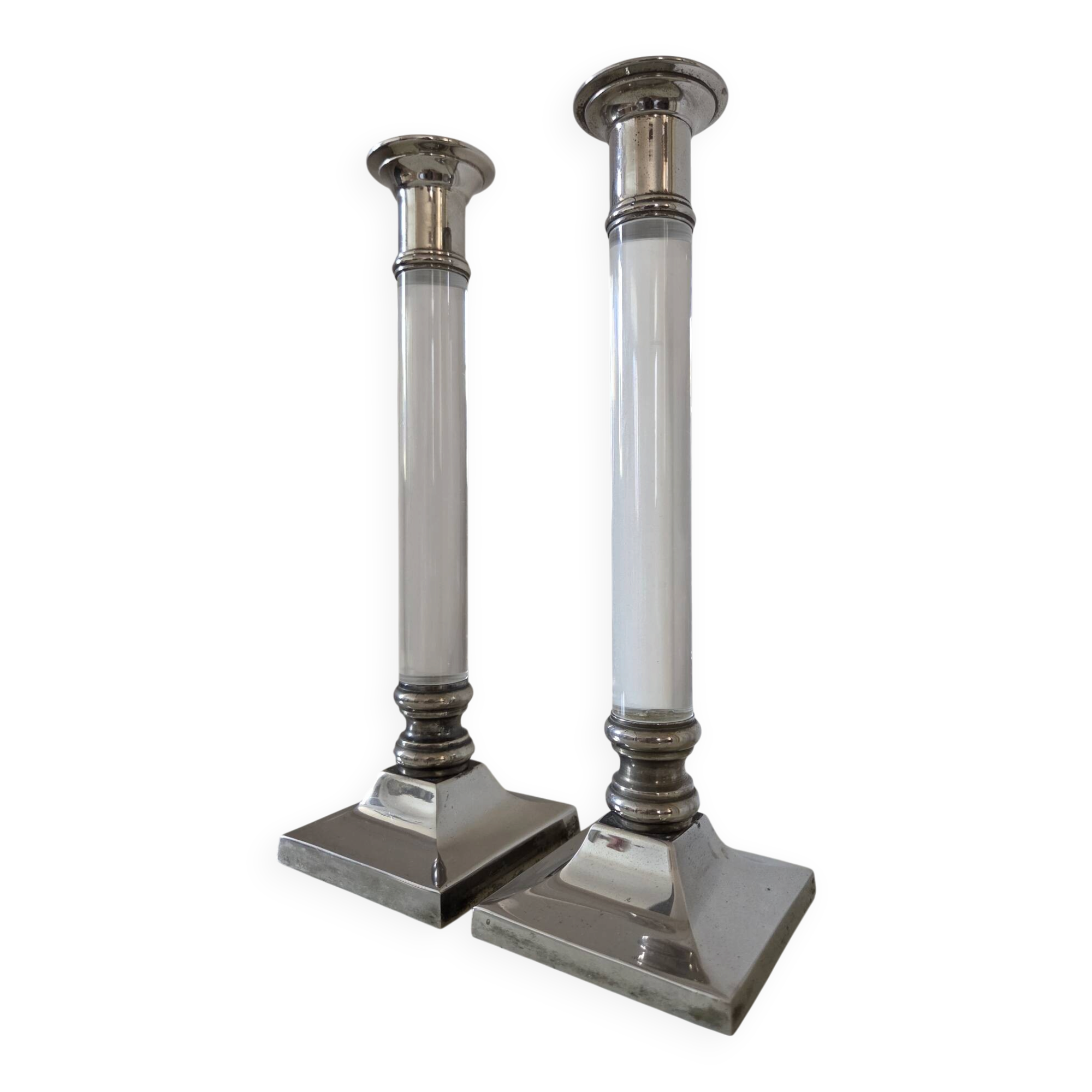 Pair of lucite and silver-plated candlesticks