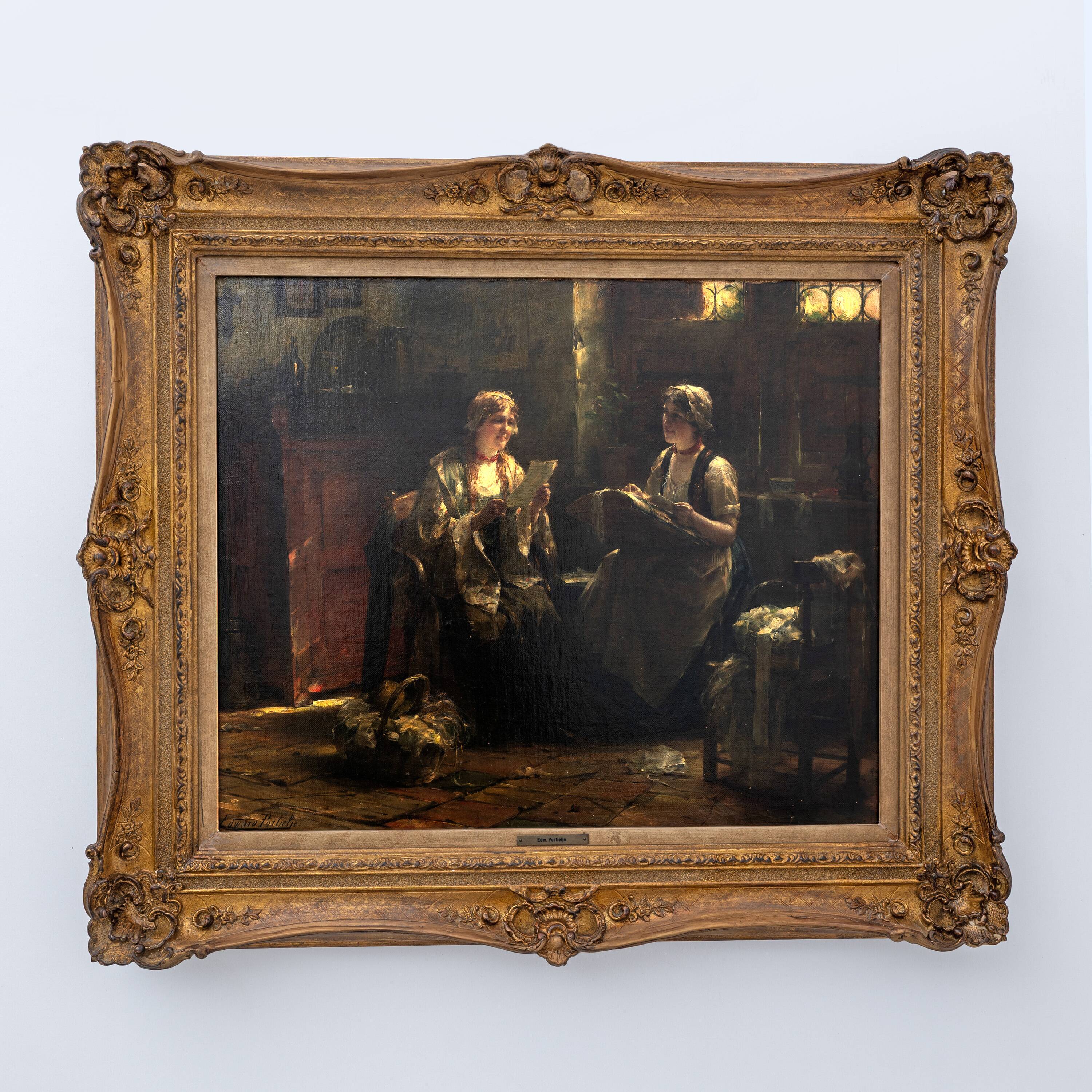 Edward Portielje "The letter", 19th Century Flemish oil Painting of Two Lad