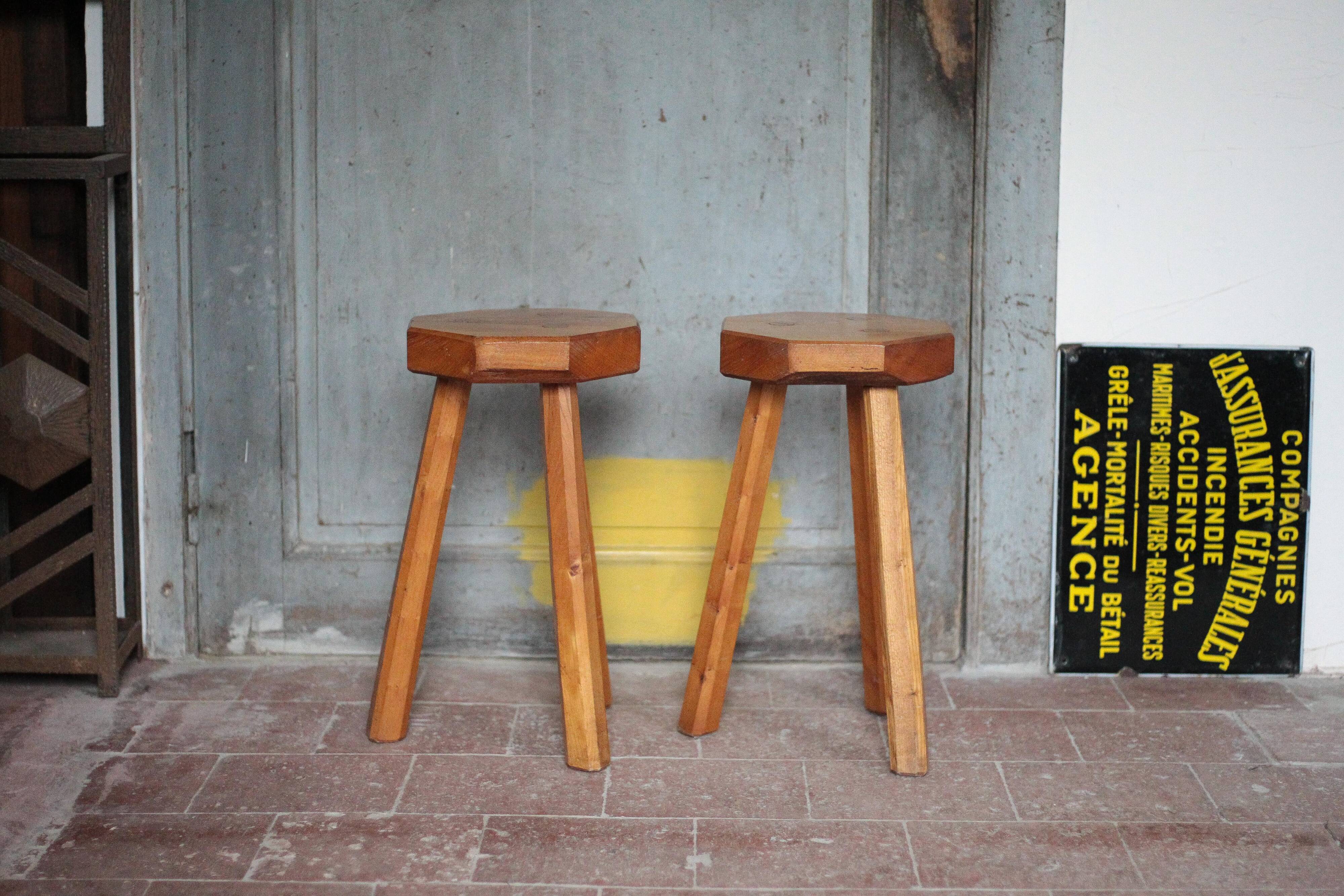 Paire de Tabouret vintage , tabouret bois octogonal , tabouret tripode